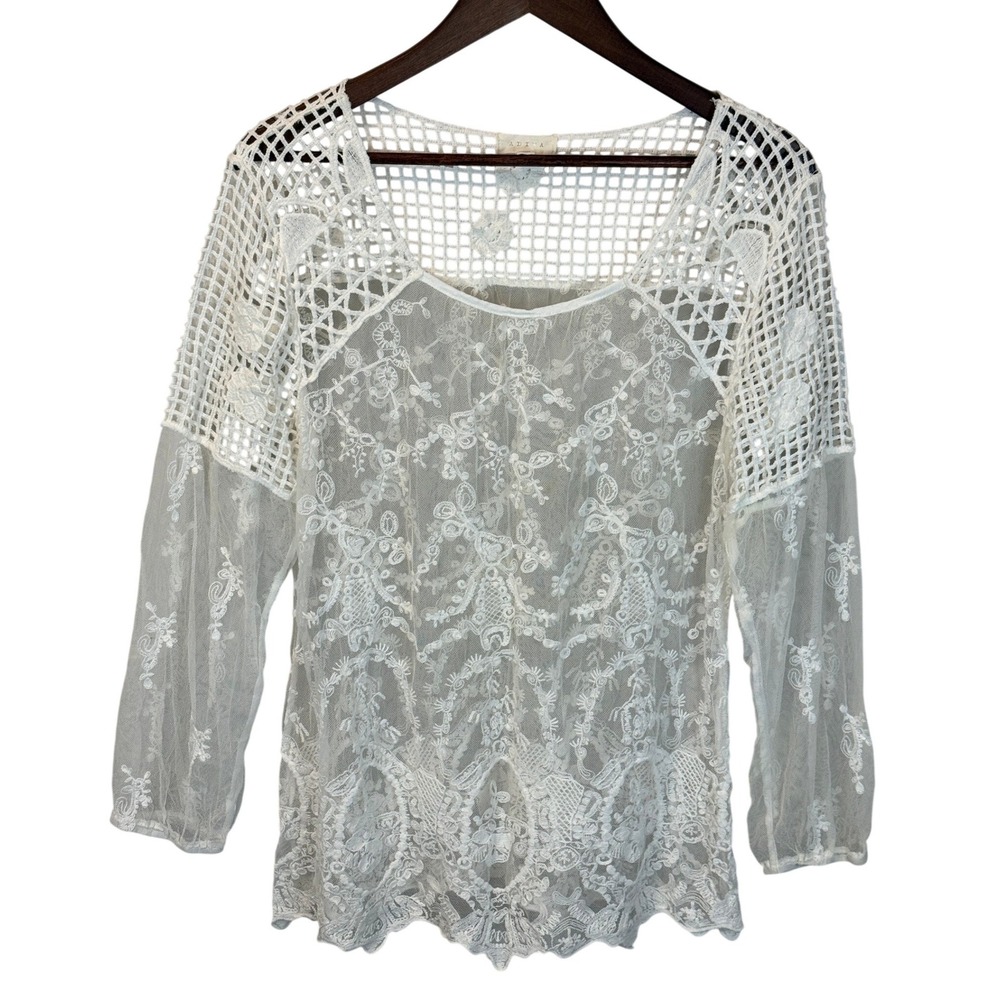 Adiva Ivory Cream Sheer Floral Boho Lace Long Sleeve Top Crochet Yoke Size XL‎